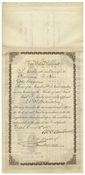 John D. Rockefeller Signed Stock Certificate for Standard Oil Trust -- Signed by Rockefeller as President in 1883